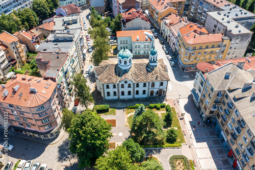 Aerial view of garden and Orthodox Church of Assumption of Mary in town of Gabrovo, Bulgaria photo