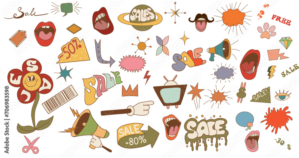 Sales vector flat set groovy 70s elements decorative elements, mouths, lettering, flesh, Speaker, speach bubbles Sales vector flat set groovy 70s elements decorative elements, mouths, lettering, flesh, Speaker, speach bubbles