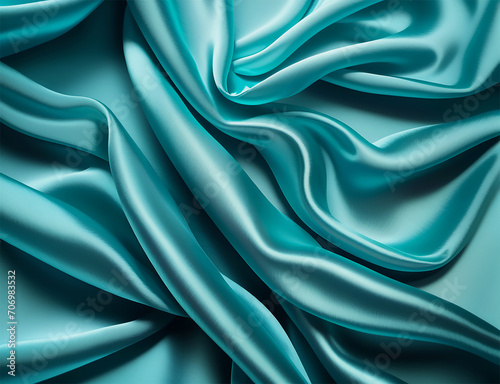 aqua silk satin backdrop background wavy soft folds on shiny fabric luxurious textile texture background beauty care cosmetic product background with copy space product mock up abstract background 