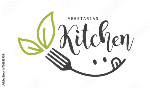 Vegetarian cuisine logo with smile, fork, eyes and two green leaves.