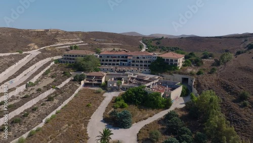 Abandoned Hotel Kaviria In Ghost Town On Island Of Limnos In Greece. aerial shot photo