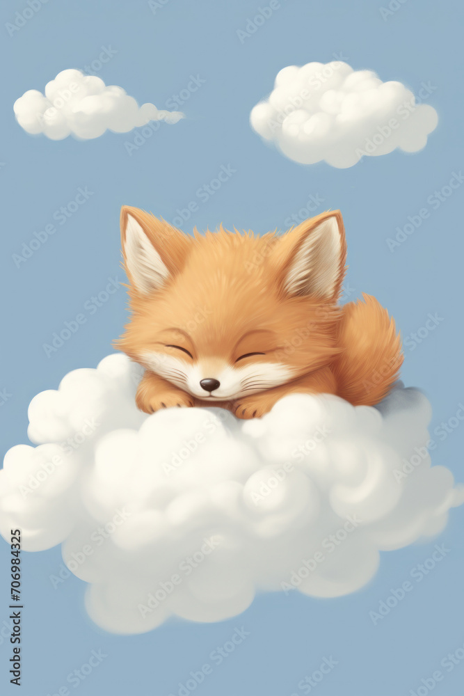 Fototapeta premium Cute red fox sleeping on a cloud watercolor drawing. Generative AI