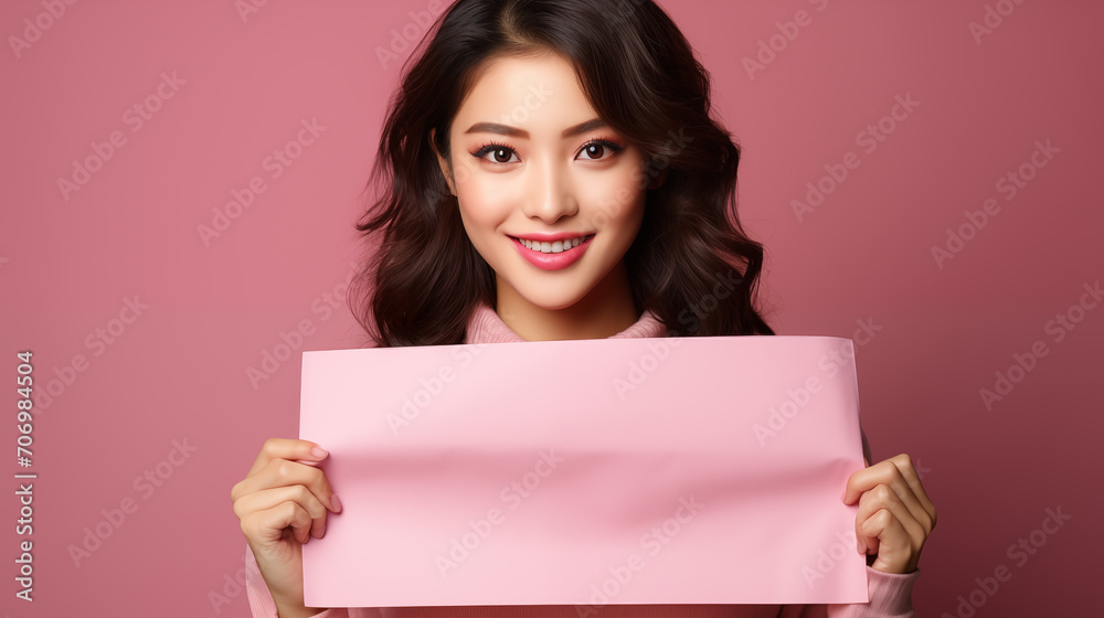 smiling young asian woman holding blank signboard over pink background smiling young asian woman holding blank signboard over pink background