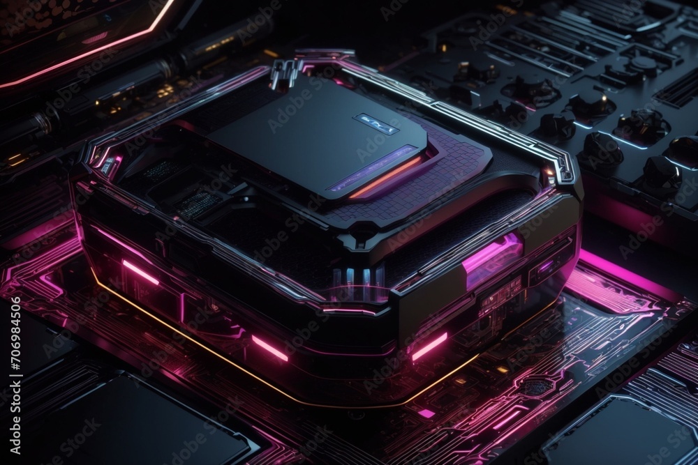 Futuristic computer technology with a laptop in neon colors. For cover backgrounds, wallpapers and other modern projects. Generative AI Futuristic computer technology with a laptop in neon colors. For cover backgrounds, wallpapers and other modern projects. Generative AI