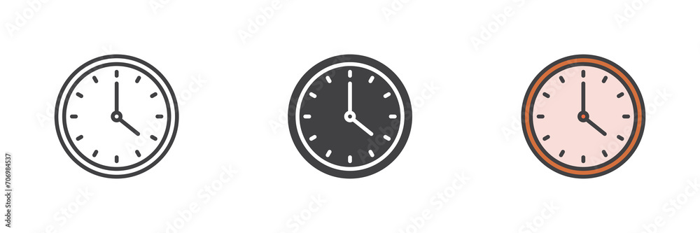 Round clock time different style icon set Round clock time different style icon set