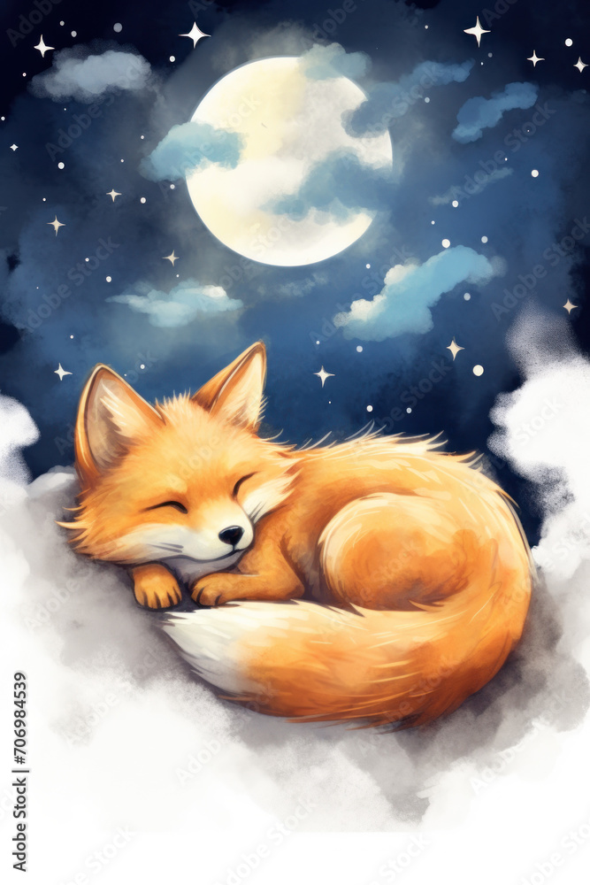 Cute red fox sleeping on a cloud watercolor drawing. Generative AI