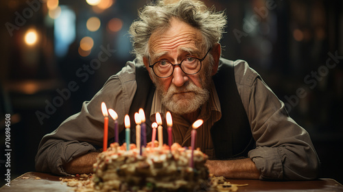 senior man sitting alone in living room on his birthday with birthday cake in front of him