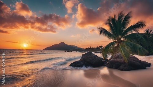 Tropical Beach Sunset with Palm Trees and Serene Waters