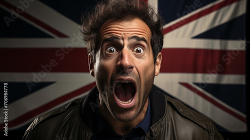 Man screaming in fear, great britain flag in background photo