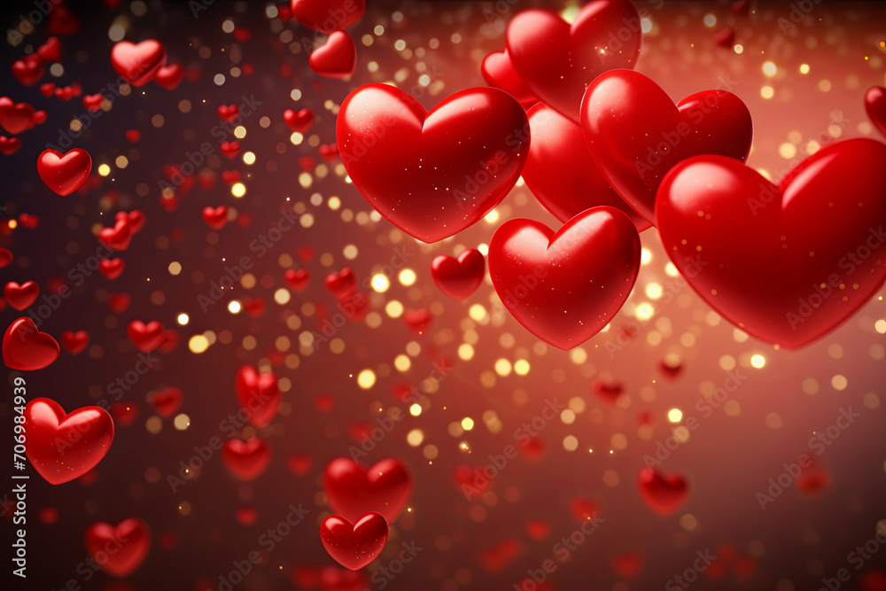 Red hearts with bokeh lights on golden shimmering backdrop. Valentines Day Love background Red hearts with bokeh lights on golden shimmering backdrop. Valentines Day Love background