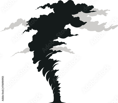 Black and white tornado swirling with clouds, destructive weather. Natural disaster depiction, powerful twister vector illustration.