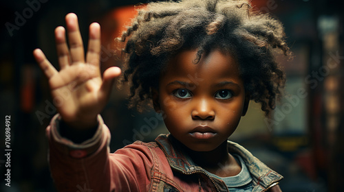 The child shows the STOP sign with his hand