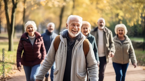 Energetic group of seniors power-walking in a scenic park, illustrating the camaraderie and cardiovascular benefits of group walking.