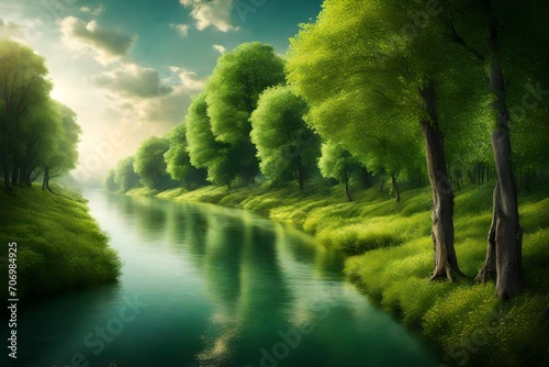 landscape with trees and river