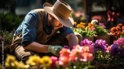 Gardener planting colorful flowers in neatly arranged rows, highlighting the anticipation and energy of springtime gardening.