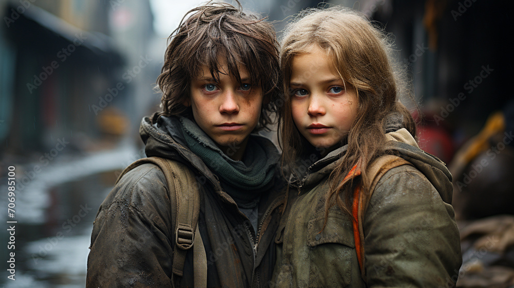 Two child in Sadness: Portrait of Homeless People in Clothing of Poverty