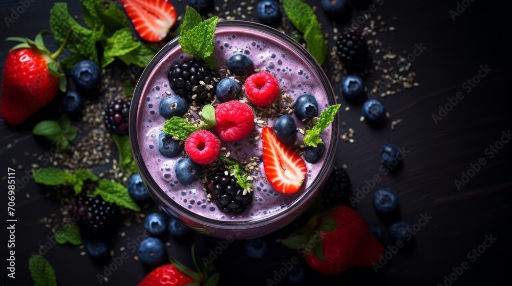 
High angle shot of a beautifully arranged superfood smoothie with chia seeds and berries, capturing the health benefits of superfood ingredients.