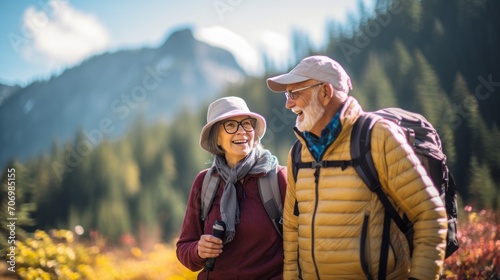 
Senior couple hiking amidst beautiful landscapes, showcasing the tranquility and rejuvenation of nature-focused travel for older adults.