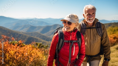  Senior couple hiking amidst beautiful landscapes, showcasing the tranquility and rejuvenation of nature-focused travel for older adults.