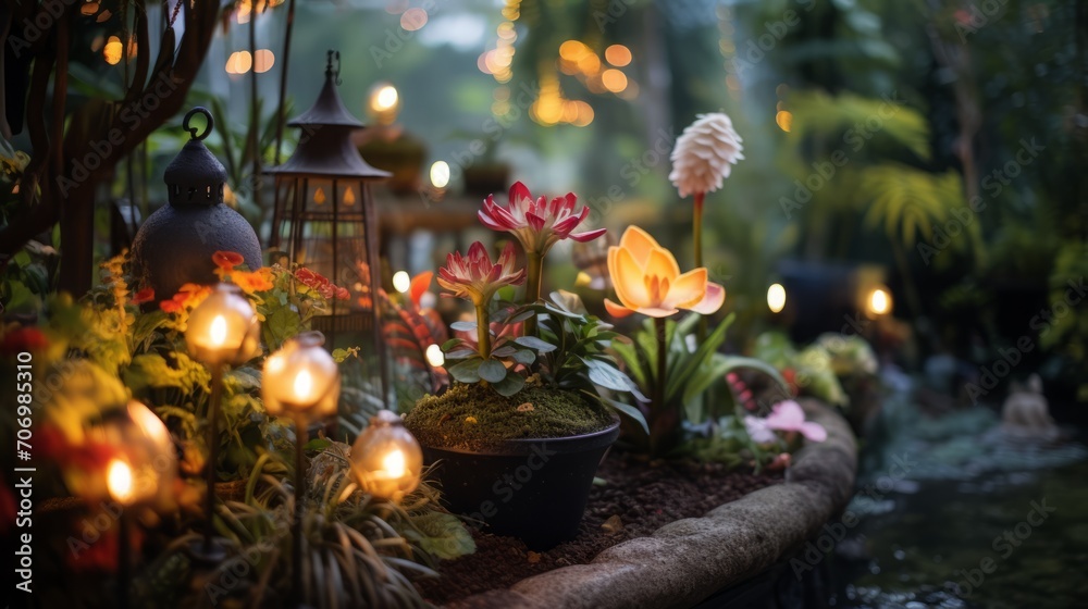 Whimsical garden with fairy lights, fairy statues, and colorful flowers ...