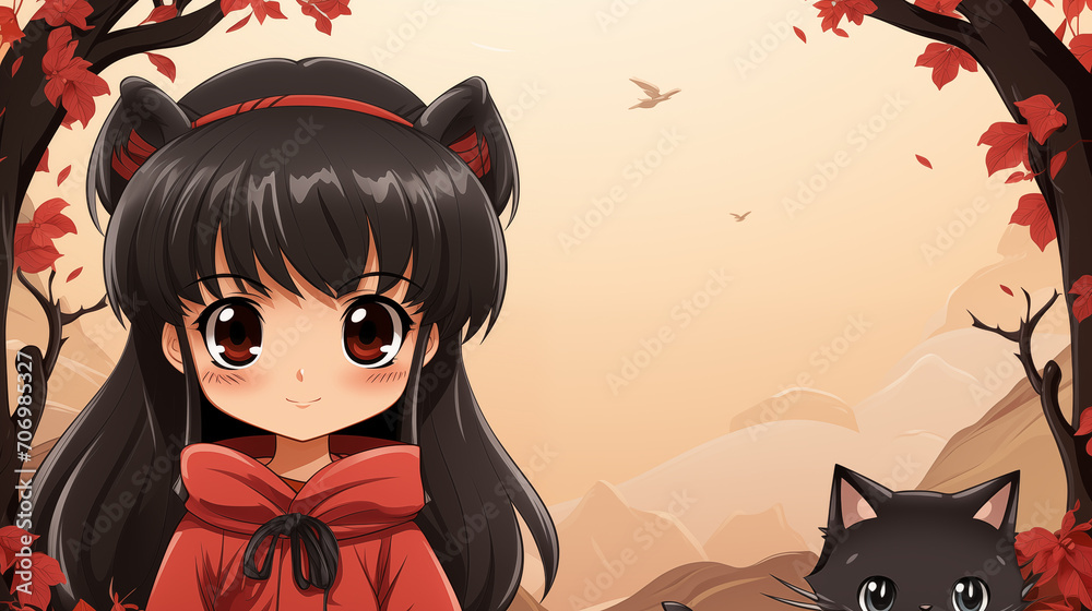 Cute little girl in costume with cat in the forest illustration