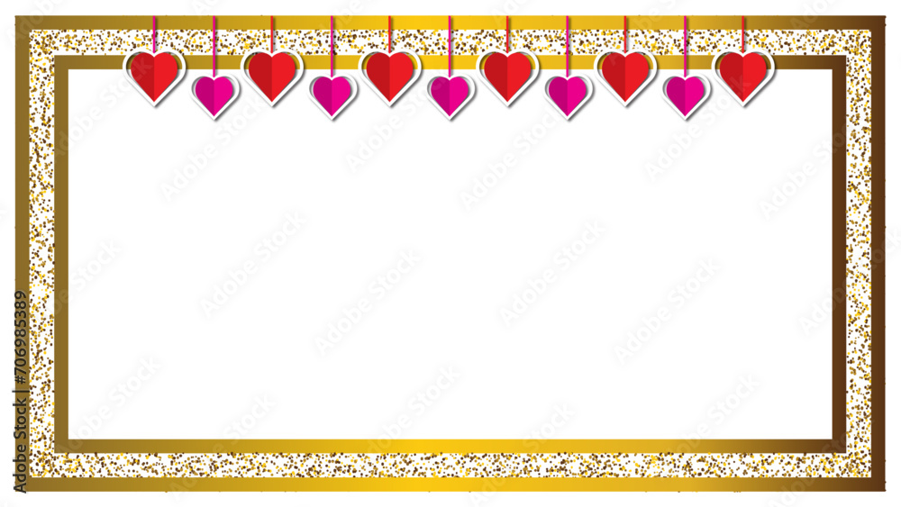 Gold glitter frame with hanging red hearts. Background with golden sparkles and glitter effect.