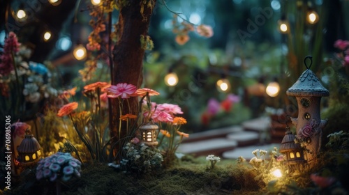 
Whimsical garden with fairy lights, fairy statues, and colorful flowers, Sony A7S III, 50mm f/1.4 lens, illustrating the enchanting and magical side of gardening. photo