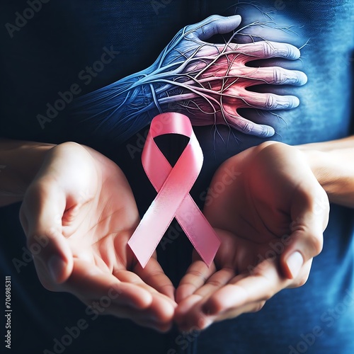 Woman hands with pink ribbon symbol with beutiulfull background photo