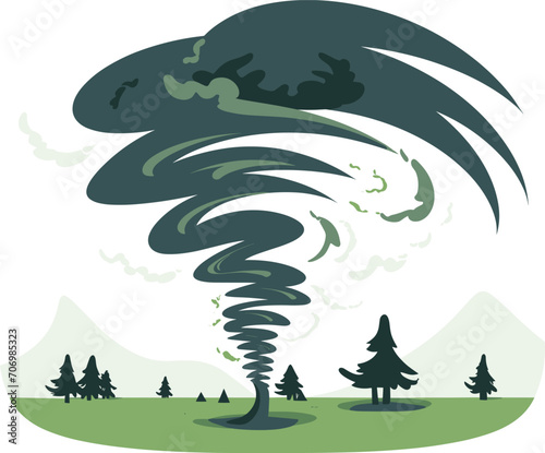 Tornado swirling in a green meadow with trees. Natural disaster concept with dark stormy clouds and vortex. Catastrophic weather event and danger vector illustration.