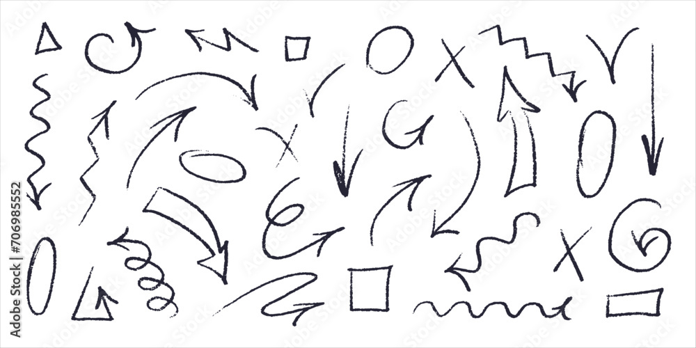 Various charcoal arrows set. Hand drawn doodle symbols. Vector scratched curved line and waves Various charcoal arrows set. Hand drawn doodle symbols. Vector scratched curved line and waves