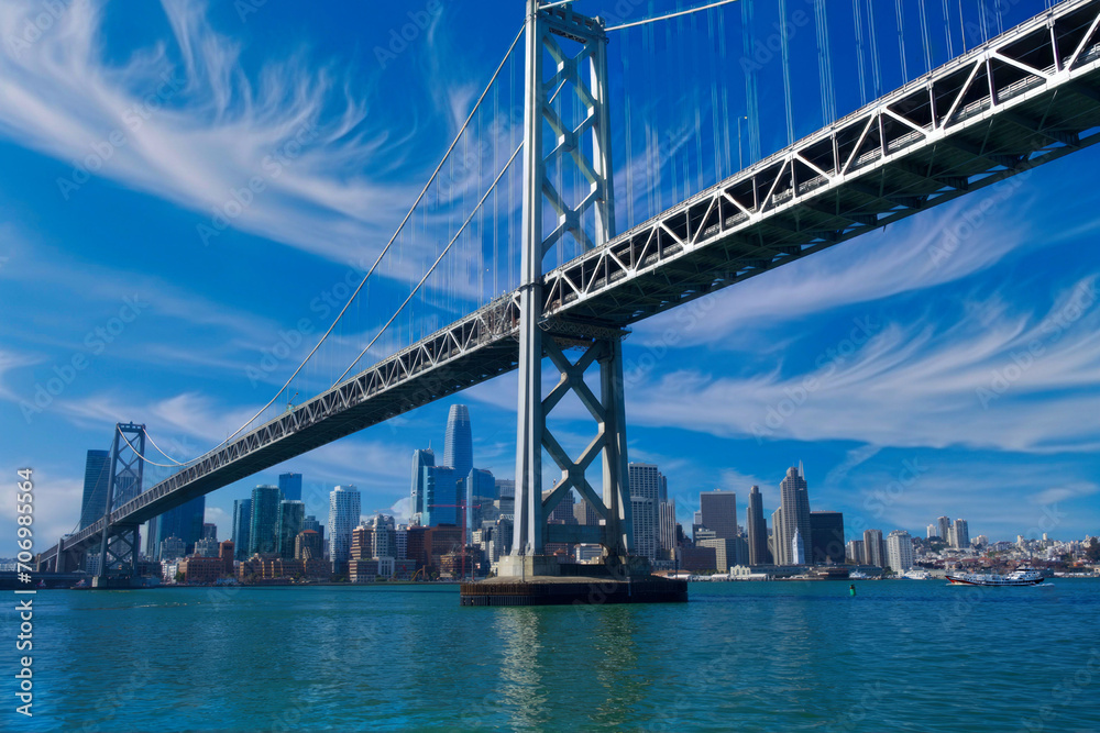Daytime View of Bay Bridge and San Francisco Skyline Under Cirrus Clouds