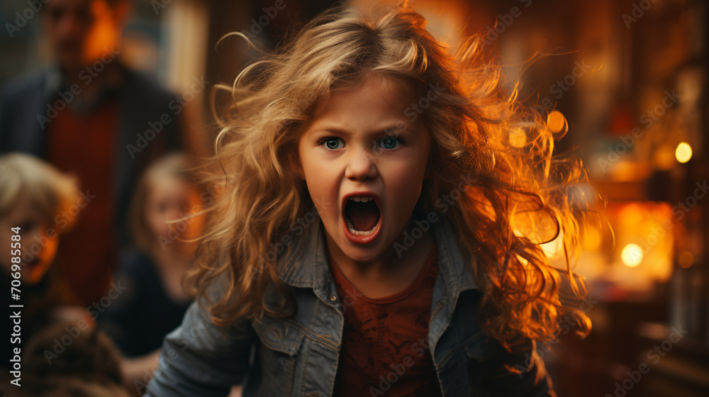 A screaming, crying little girl in a cafe or other public place. Parenting concept A screaming, crying little girl in a cafe or other public place. Parenting concept
