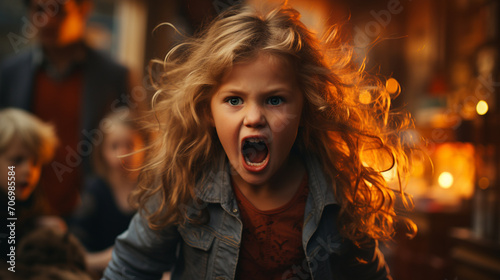 A screaming, crying little girl in a cafe or other public place. Parenting concept