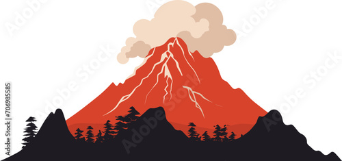Erupting volcano with smoke and lava flow in nature scene. Volcanic eruption with ash cloud, nature disaster concept. Landscape disaster, dangerous volcano eruption vector illustration. photo