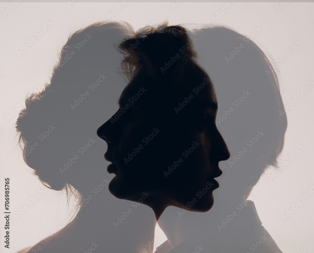Love of couple young man and woman multiple exposure silhouettes