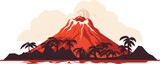 Erupting volcano with lava flow and palm trees. Natural disaster volcanic eruption with smoke clouds vector illustration.
