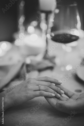 Marriage proposal. Will you marry me. She said yes. A couple hands with wedding ring. Love concept. Elegant template for design for Valentine s Day. Engagement ring. Black and white photo.