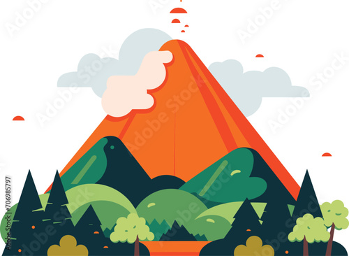 Stylized colorful volcano eruption with lush green forest. Nature disaster, volcanic activity in tropical landscape vector illustration.