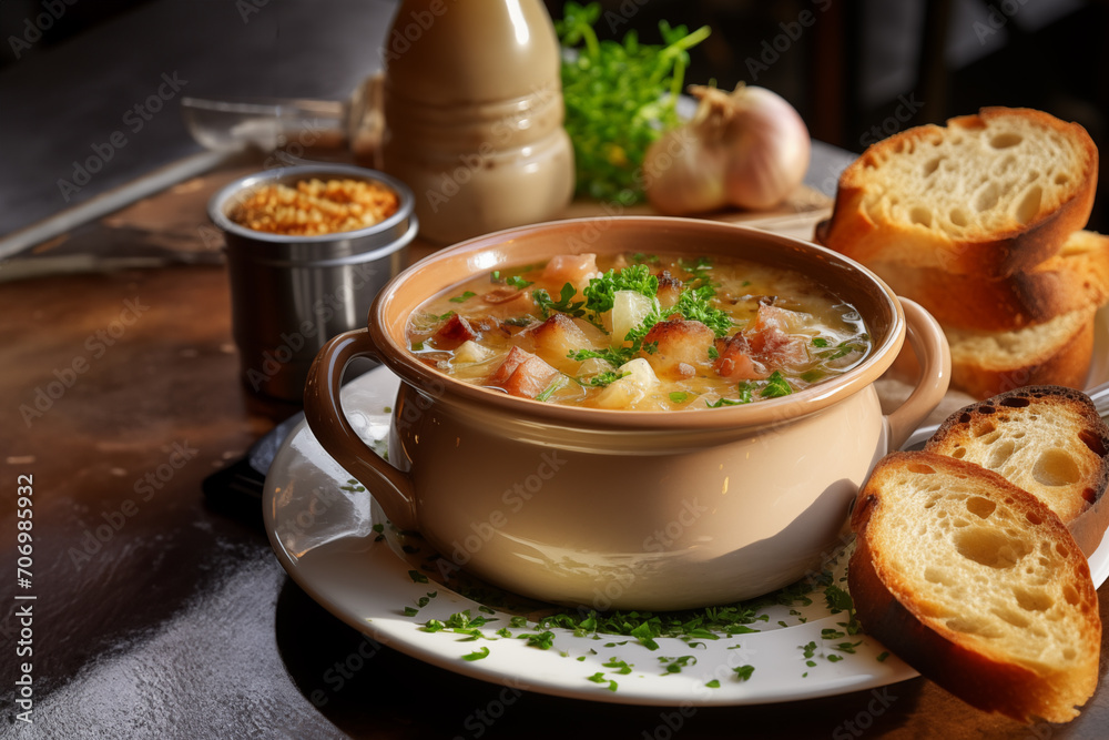 French onion soup with croutons served on the table French onion soup with croutons served on the table