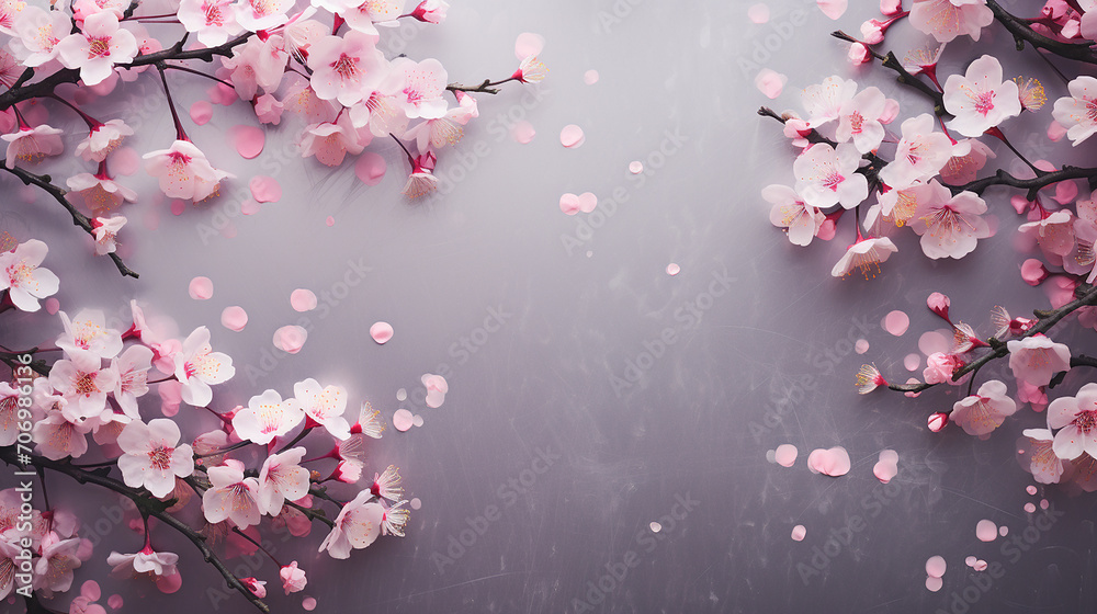 Spring flowers background with pink blossom in grey background