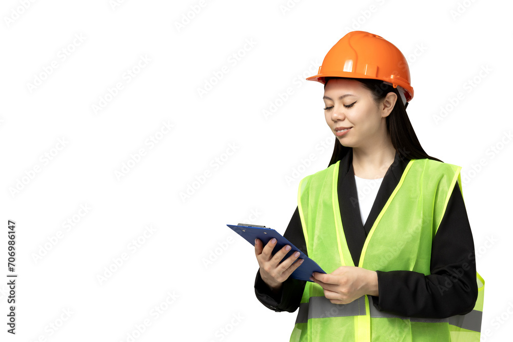 PNG, Asian girl in the role of construction worker, isolated on white background. PNG, Asian girl in the role of construction worker, isolated on white background.