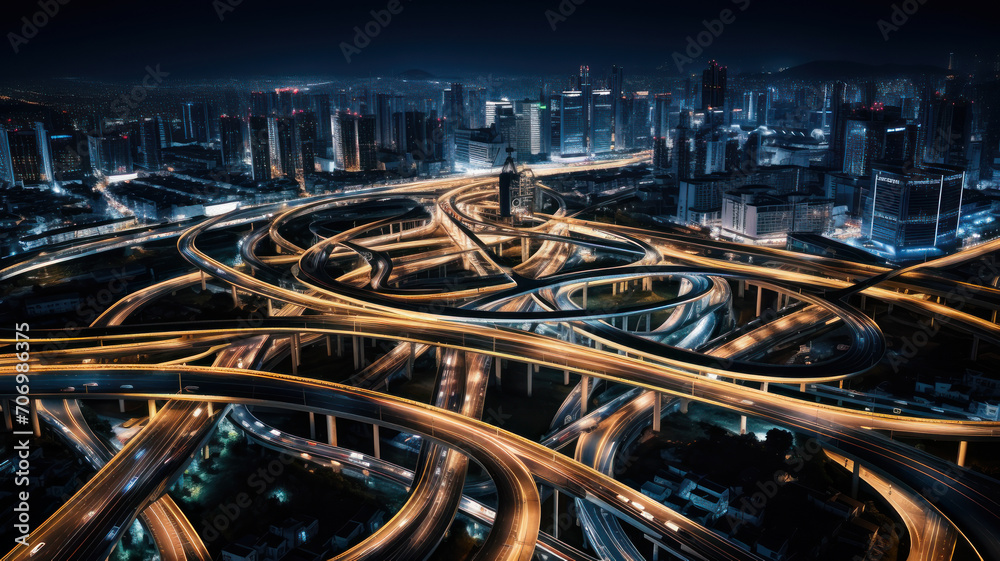 top view , night , roundabout interchange of a city, Expressway is an important infrastructure