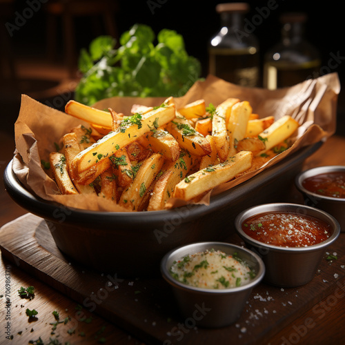 French fries on a black plate, kitchen Beijing, salad dressing and hot sauce, delicious gourmet food, potato chips 