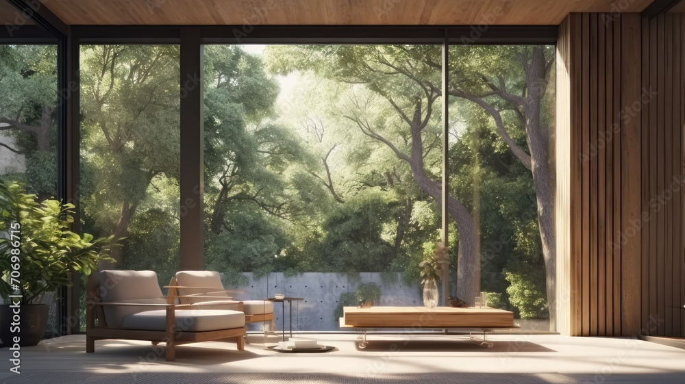 Modern interior space with nature view large window look out to see the garden view,sunlight shining into the room Modern interior space with nature view large window look out to see the garden view,sunlight shining into the room