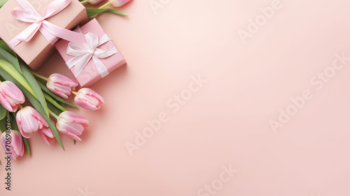 Top view photo of trendy gift boxes with ribbon bows and tulips on isolated pastel pink background with copyspace © wiparat