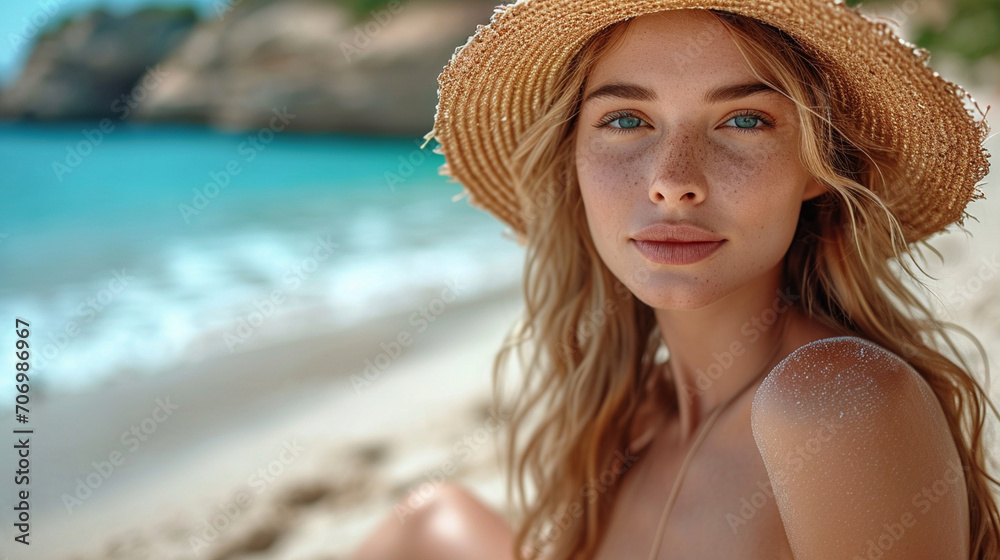 A coastal escape with a charming woman in a beach hat, relaxing on a sandy shore with the sea breeze tousling her hair, capturing the essence of seaside elegance.