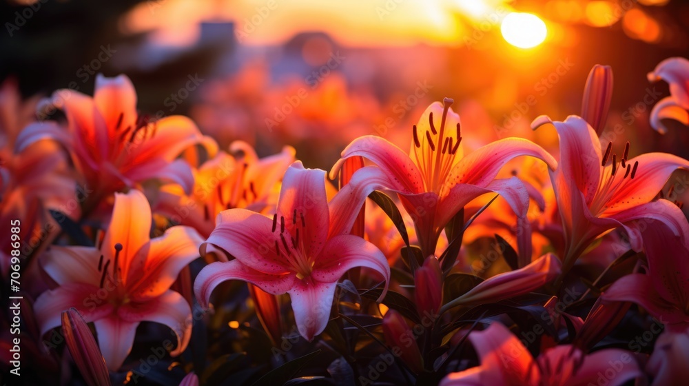 a field of vibrant orange lilies at sunset, wide shot, capturing the expanse of the field with a colorful sky in the background, feeling of tranquility and warmth, rich orange and purple hues