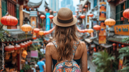 A dynamic cityscape backdrop with a lovely woman in a trendy hat, exploring a vibrant street market filled with eclectic stalls and lively activity, epitomizing urban chic.