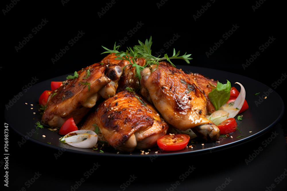The plate with roasted chicken with tomatoes and arugula on the black background The plate with roasted chicken with tomatoes and arugula on the black background