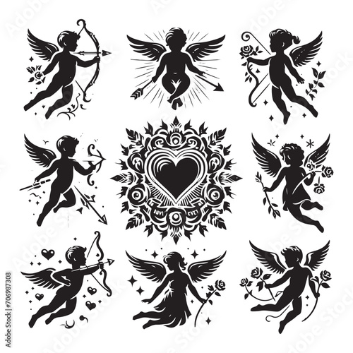 Whimsical Valentine Cupid Silhouette: A Charming Image for Romantic Stock Collections - Valentine Vector - Cupid Vector
